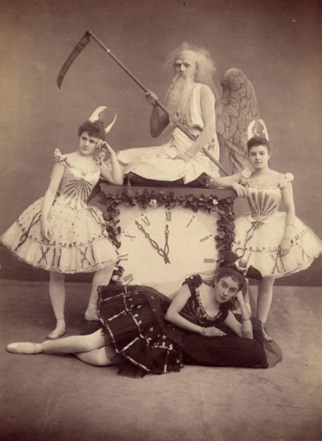 Ivan Bykov as Father Time and Olga Lavrenteva, Natalia Matveyevna and Yevgenia Legat as the Hours (1894)