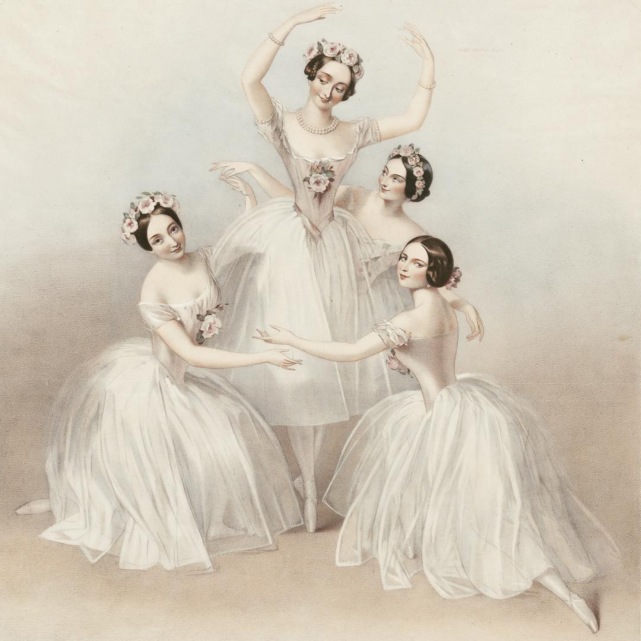 Lithograph of the Pas de Quatre (1845) - from left to right: Carlotta Grisi, Marie Taglioni, Lucille Grahan and Fanny Cerrito